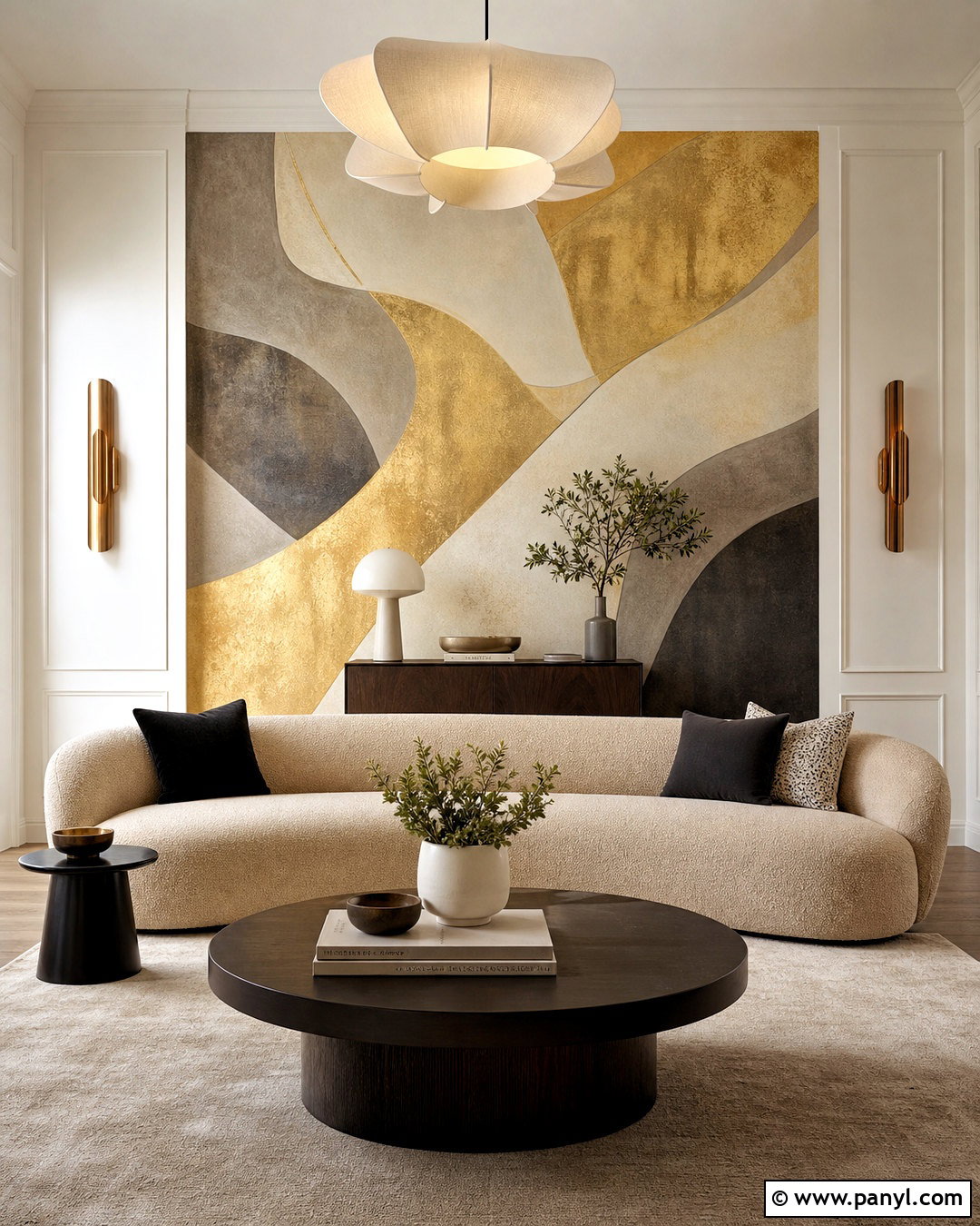 Abstract Gold Mural Feature Wall - 20 gold feature wall ideas