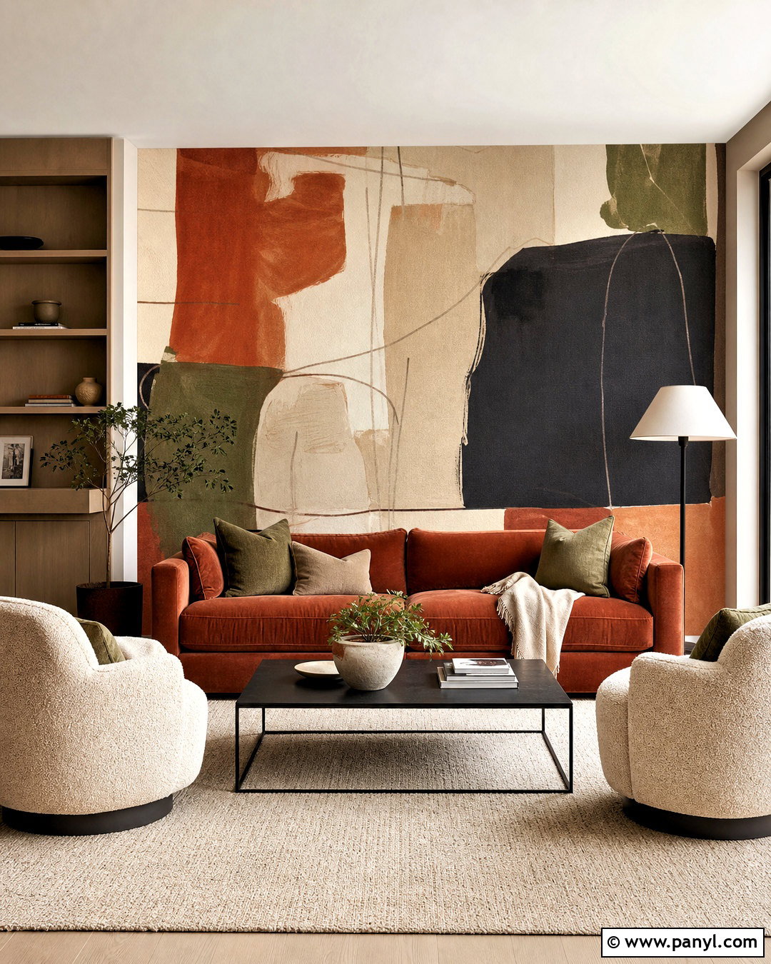 Abstract Wallpaper With Rust Sofa - 20 wallpaper combo ideas