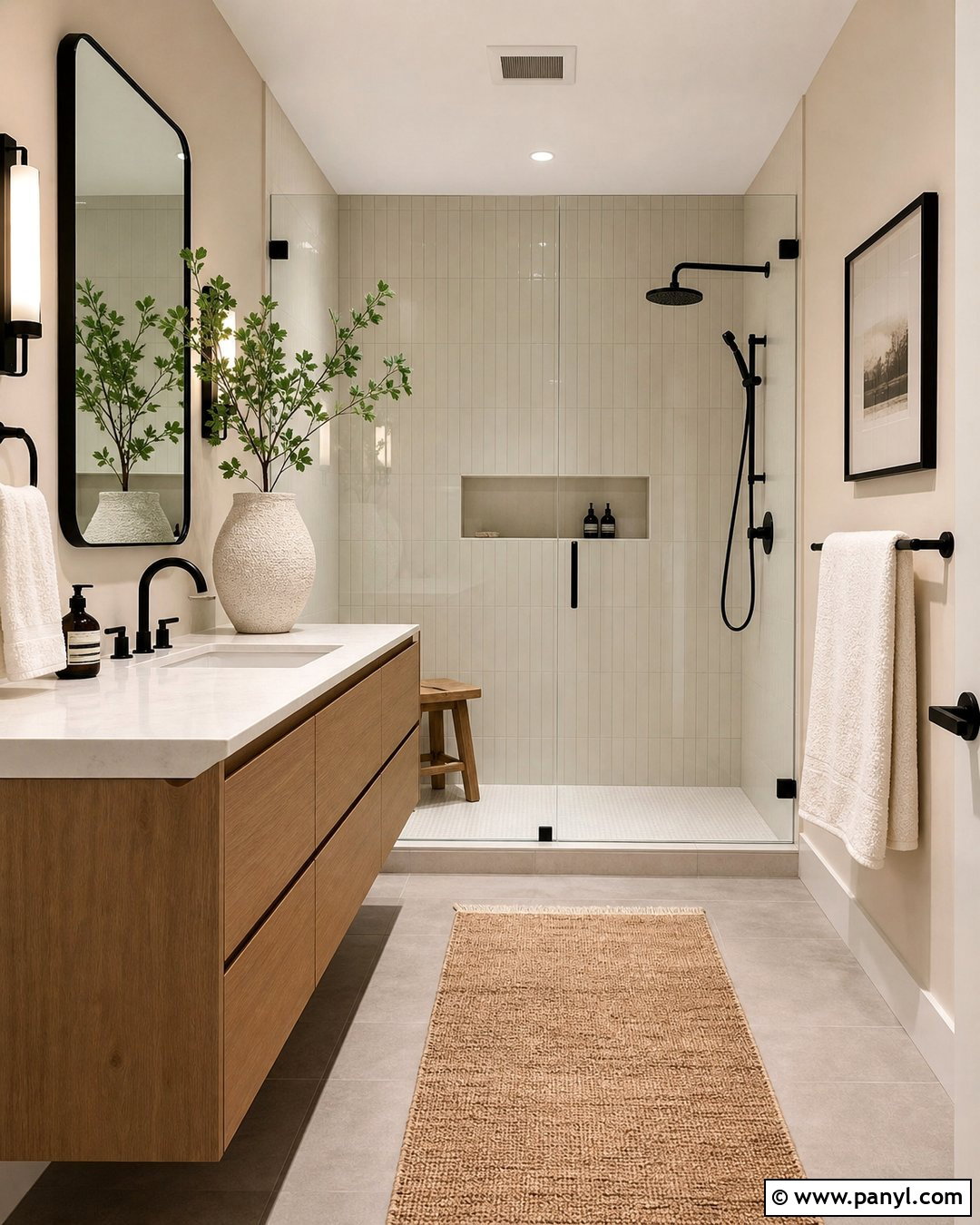 Accessible Beige Bathroom With Black Fixtures - 35 Accessible Beige Walls
