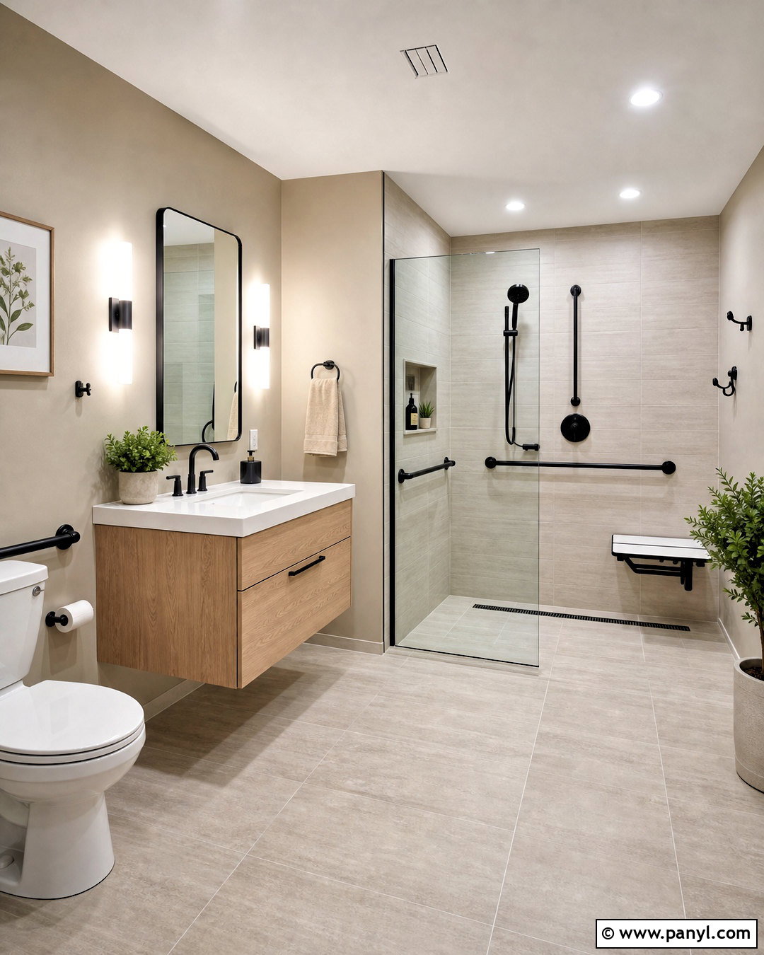Accessible Beige Bathroom With Black Fixtures - 20 accessible beige bathroom ideas