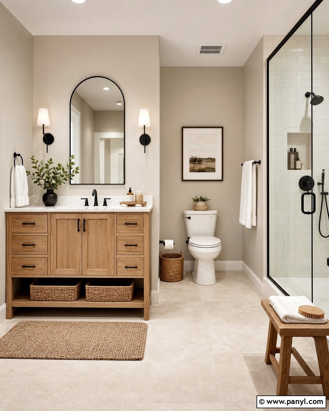 Accessible Beige Bathroom With Black Fixtures - 30 Sherwin Williams Accessible Beige Walls
