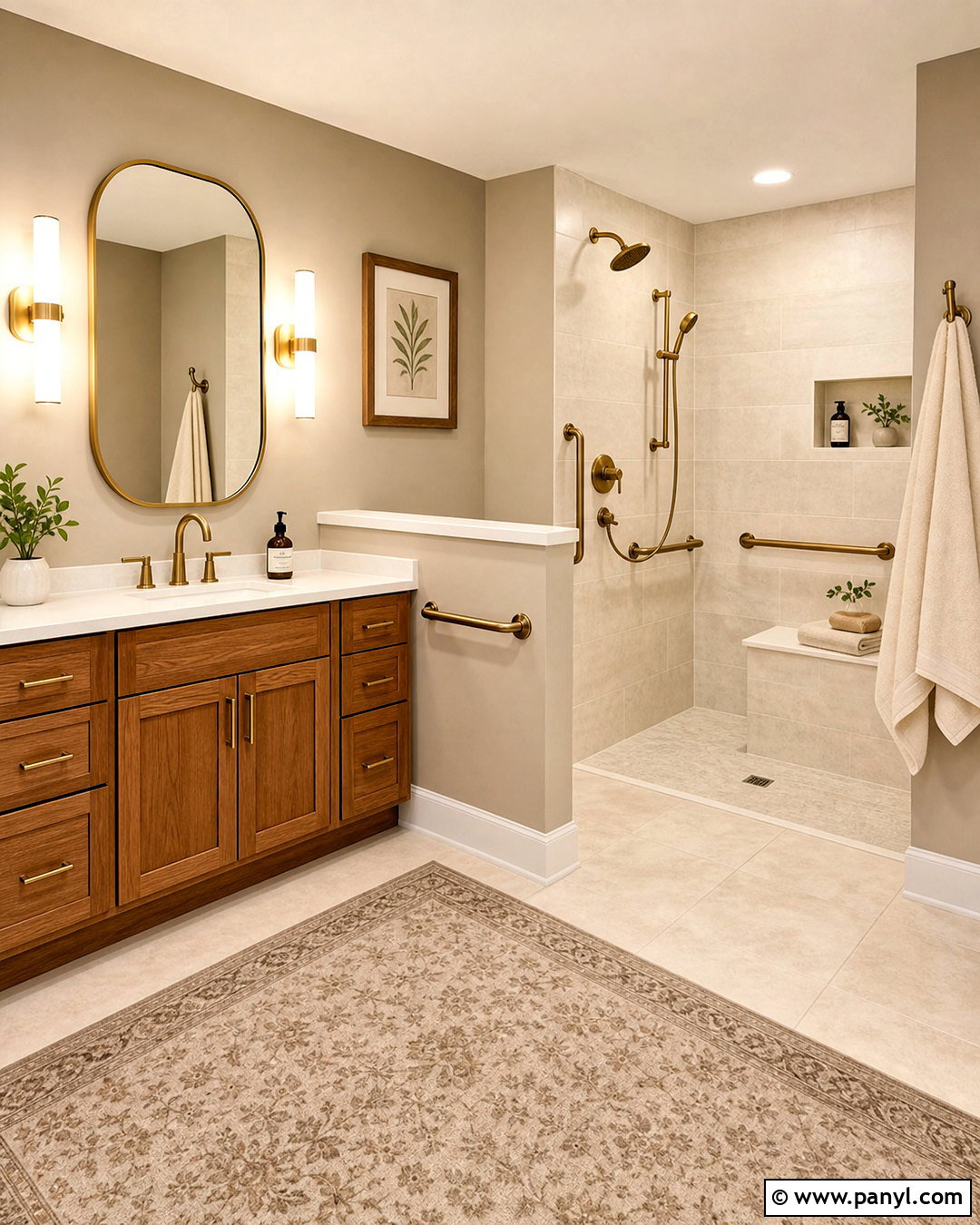 Accessible Beige Bathroom With Brass Fixtures - 20 accessible beige bathroom ideas