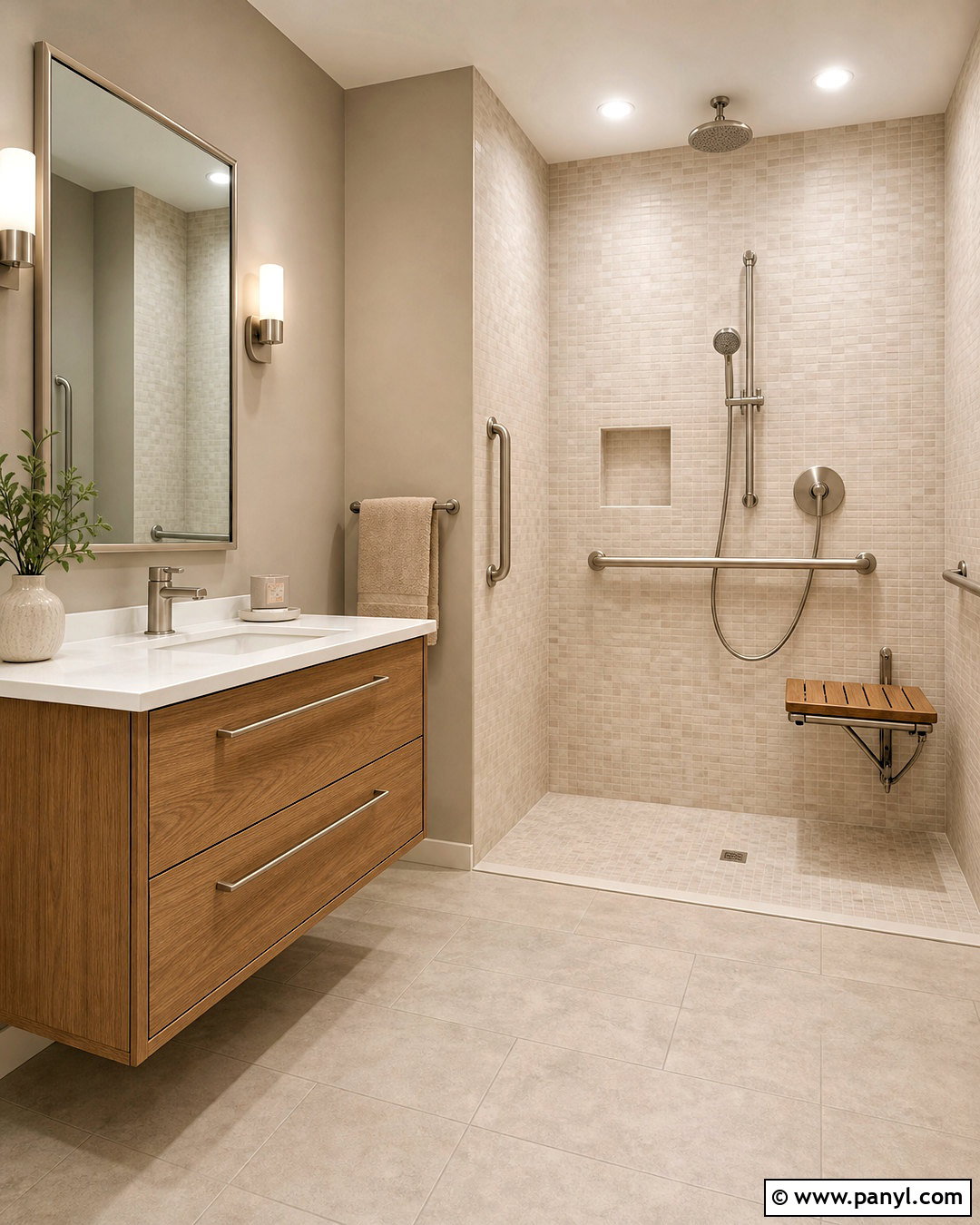 Accessible Beige Bathroom With Curbless Shower - 20 accessible beige bathroom ideas