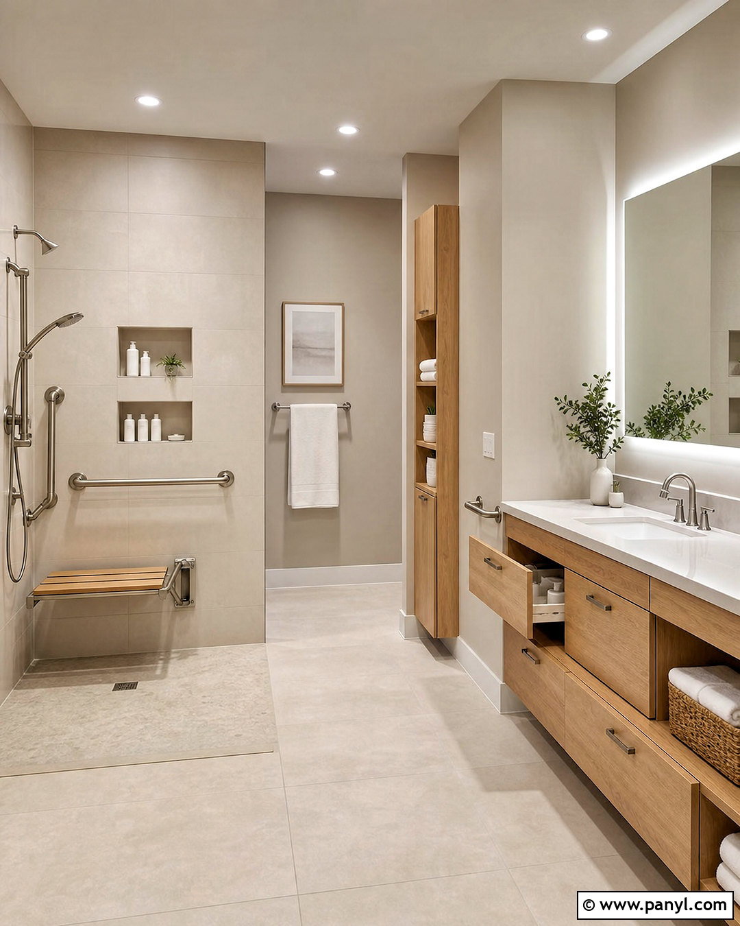 Accessible Beige Bathroom With Easy-Reach Storage - 20 accessible beige bathroom ideas