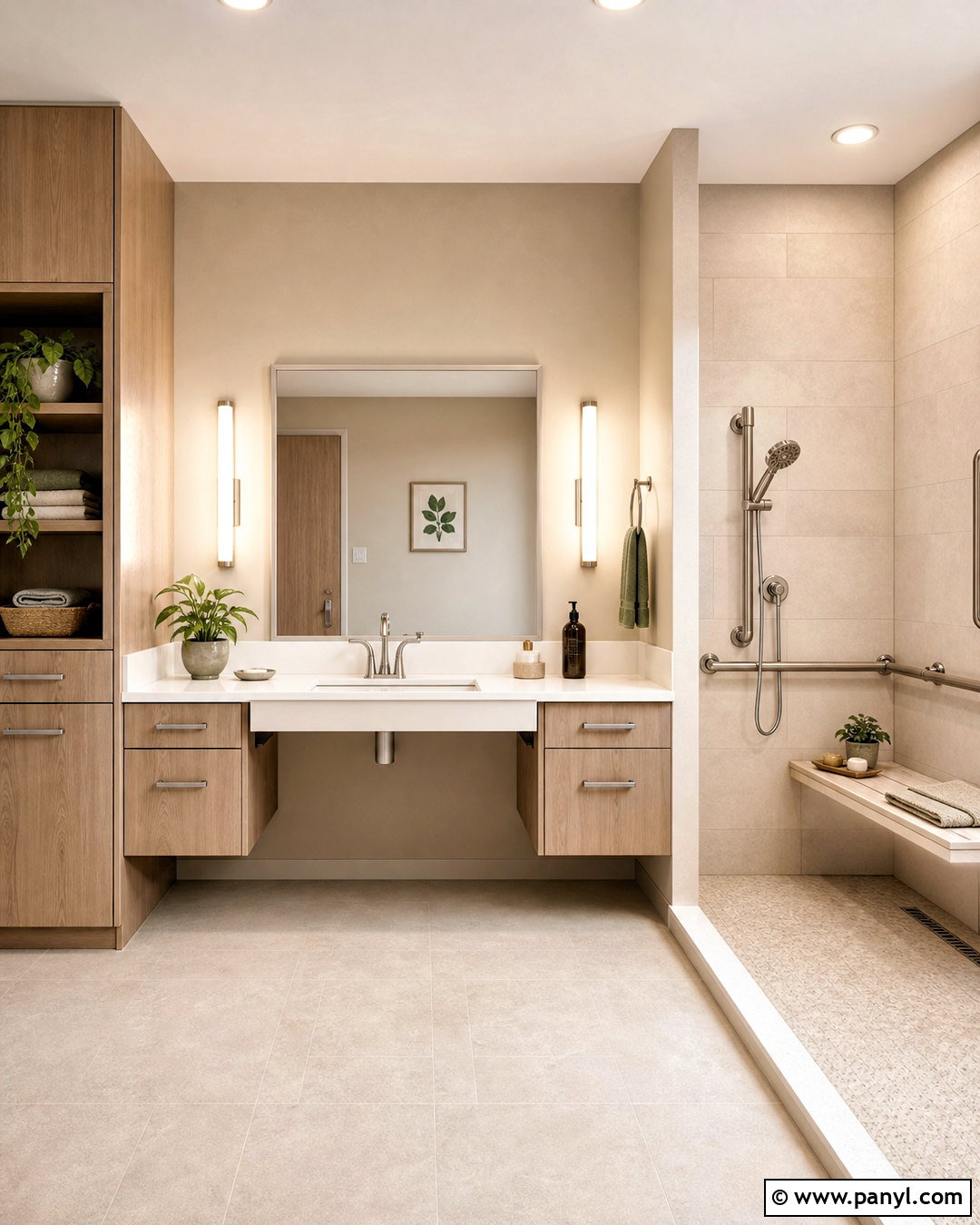 Accessible Beige Bathroom With Floating Vanity - 20 accessible beige bathroom ideas