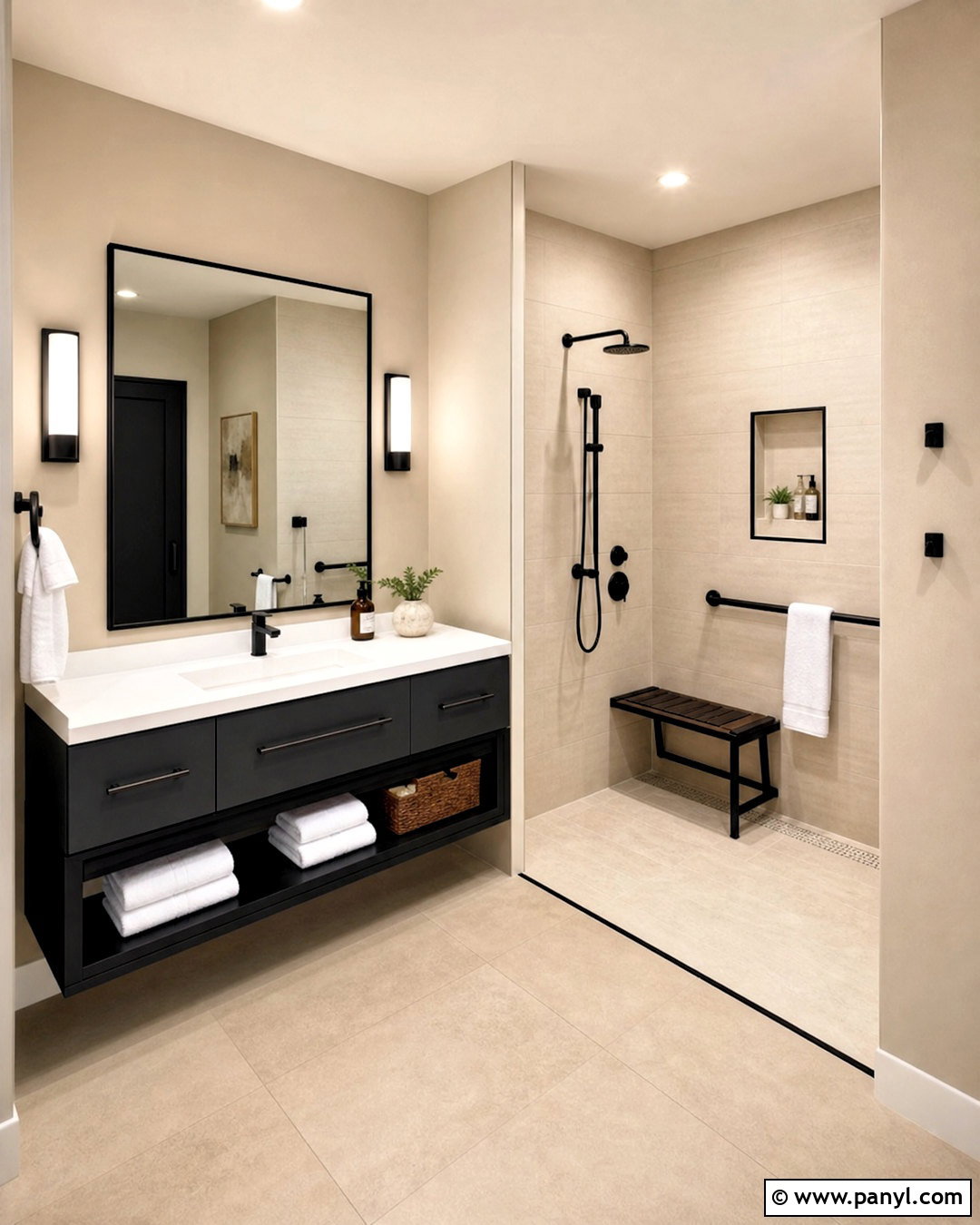 Accessible Beige Bathroom With High Contrast - 20 accessible beige bathroom ideas
