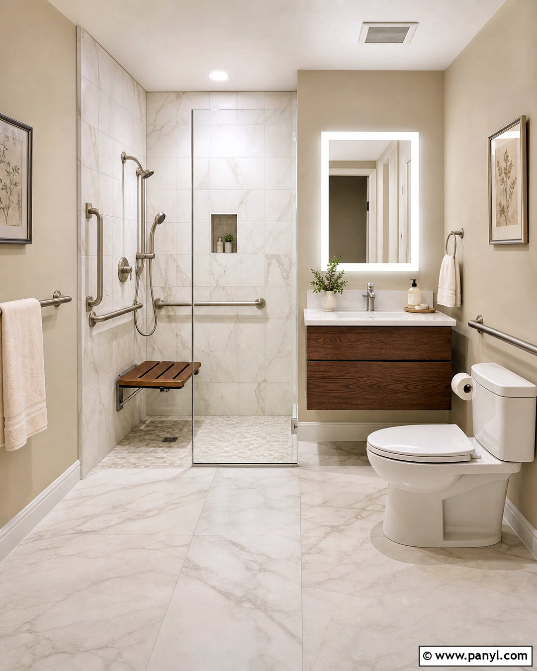 Accessible Beige Bathroom With Marble Tile - 20 accessible beige bathroom ideas