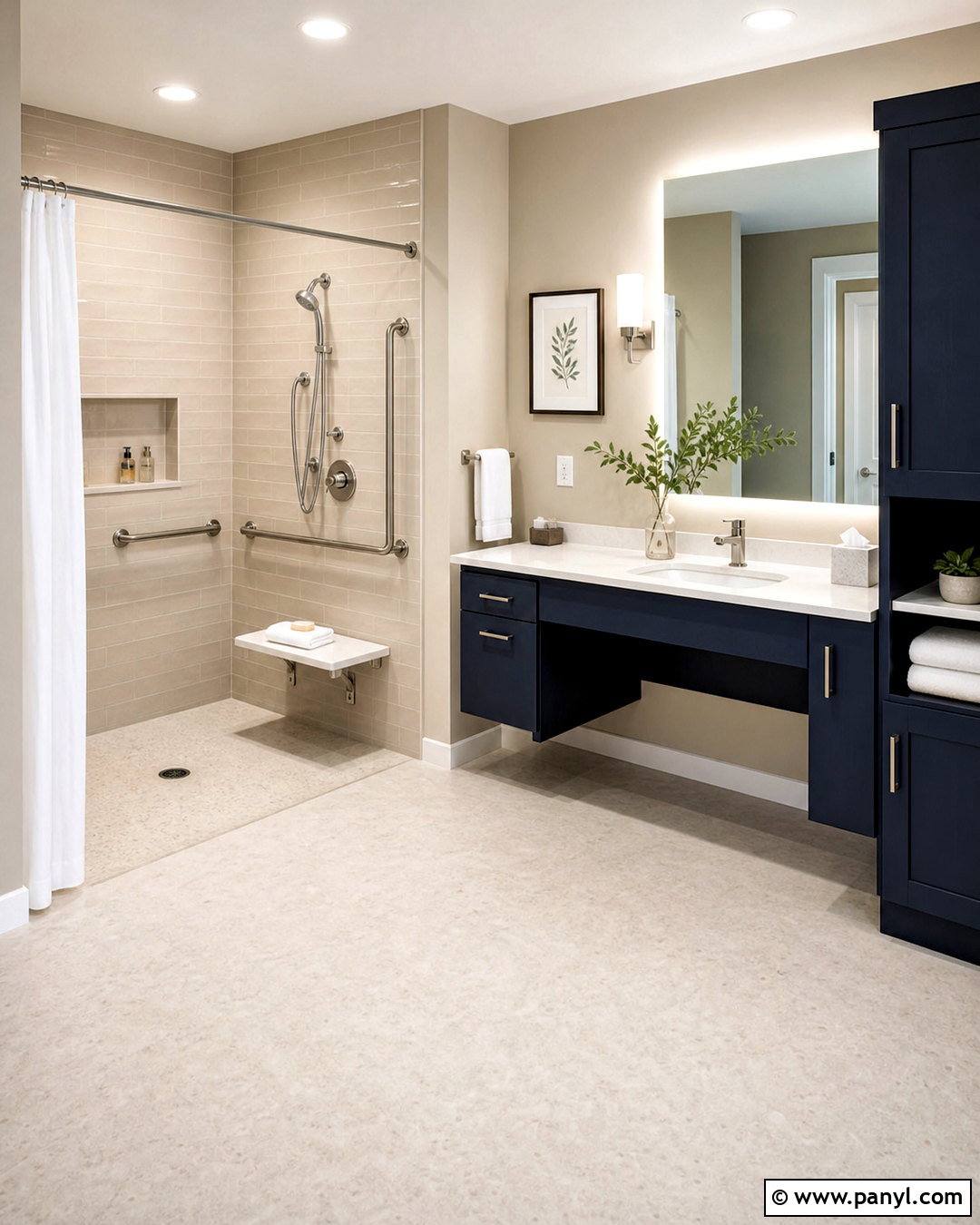 Accessible Beige Bathroom With Navy Vanity - 20 accessible beige bathroom ideas