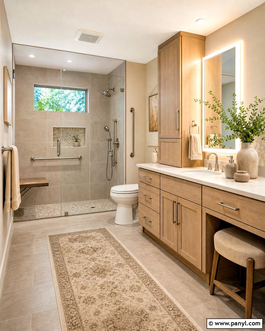 Accessible Beige Bathroom With Oak Cabinets - 20 accessible beige bathroom ideas