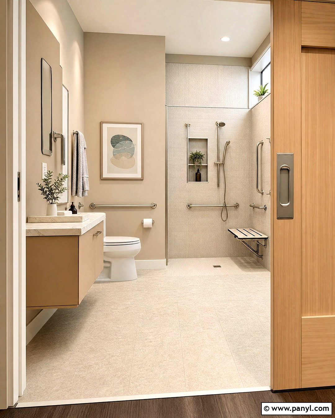 Accessible Beige Bathroom With Pocket Door - 20 accessible beige bathroom ideas