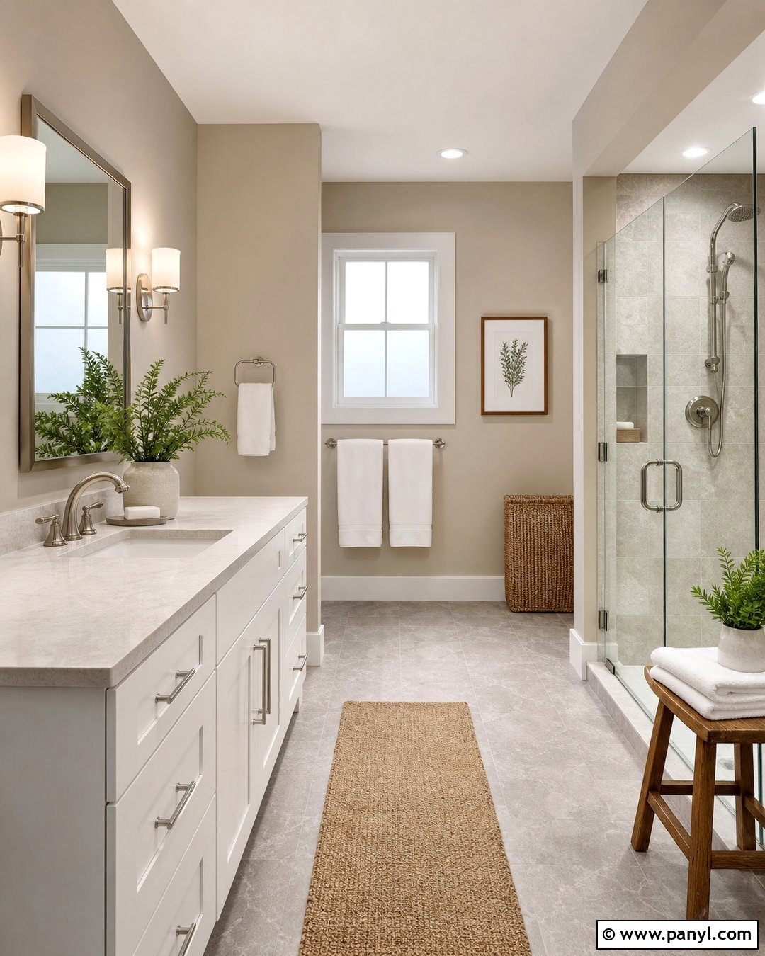 Accessible Beige Bathroom With White Vanity - 35 Accessible Beige Walls
