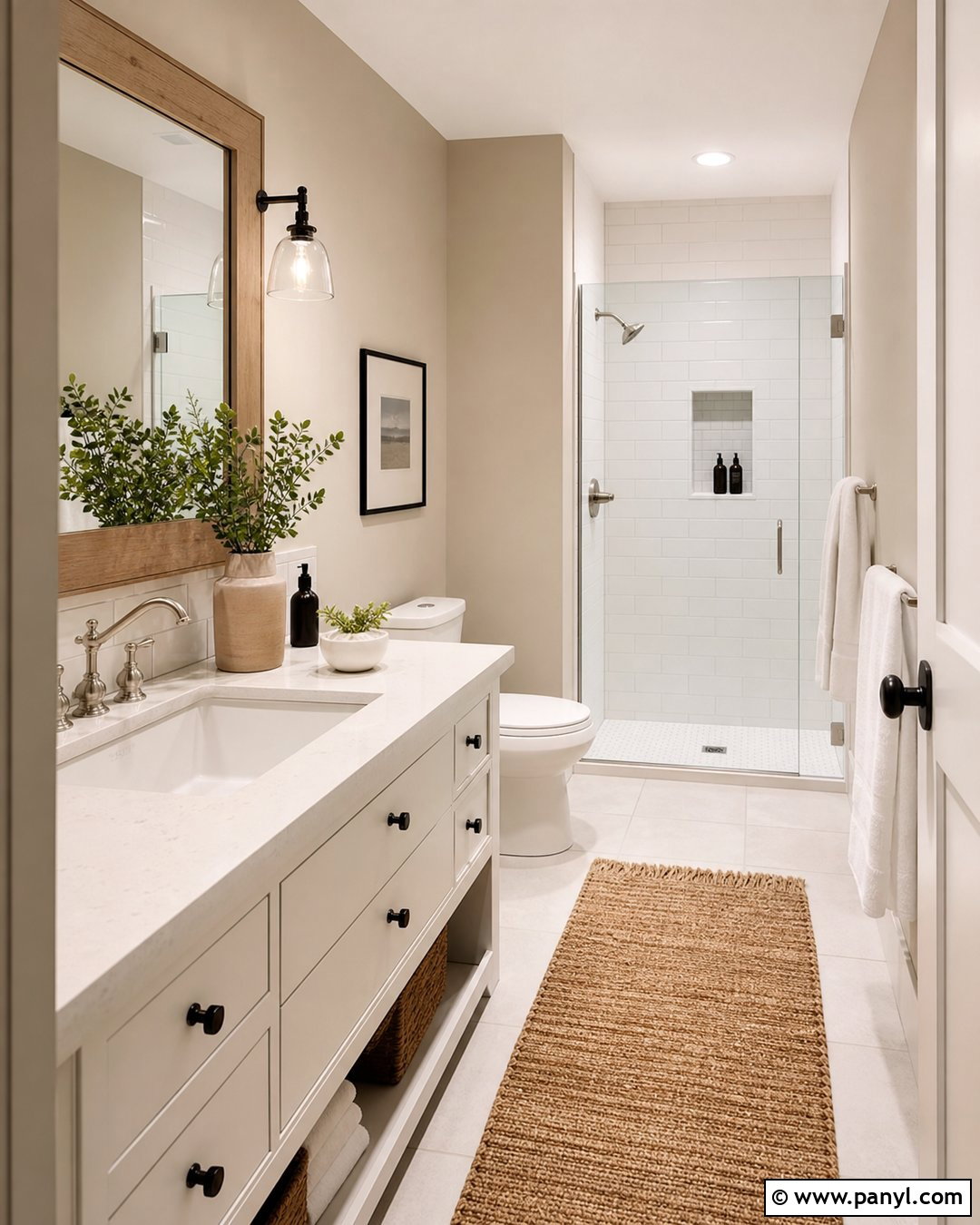 Accessible Beige Bathroom With White Vanity - 30 Sherwin Williams Accessible Beige Walls