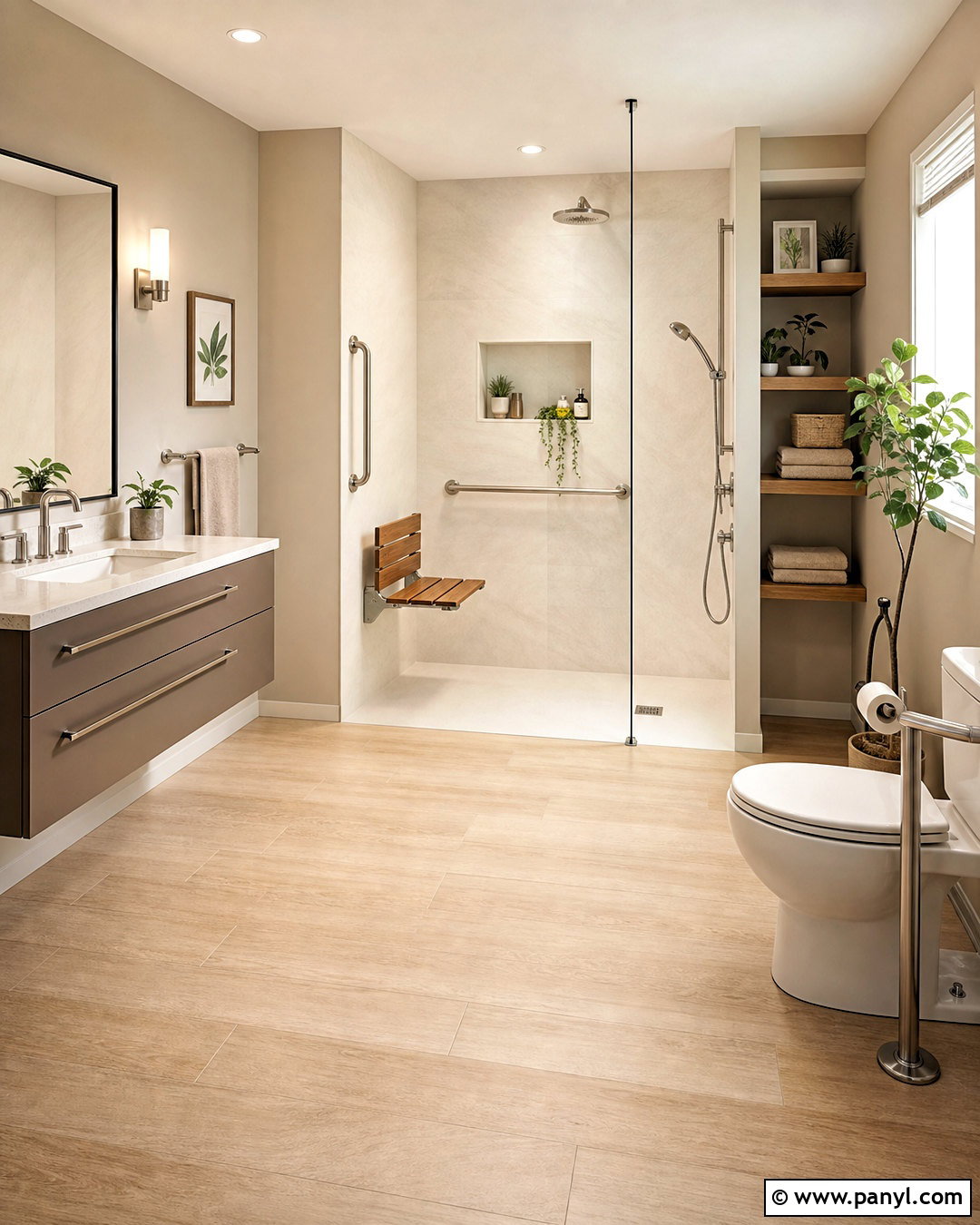 Accessible Beige Bathroom With Wood-Look Tile - 20 accessible beige bathroom ideas