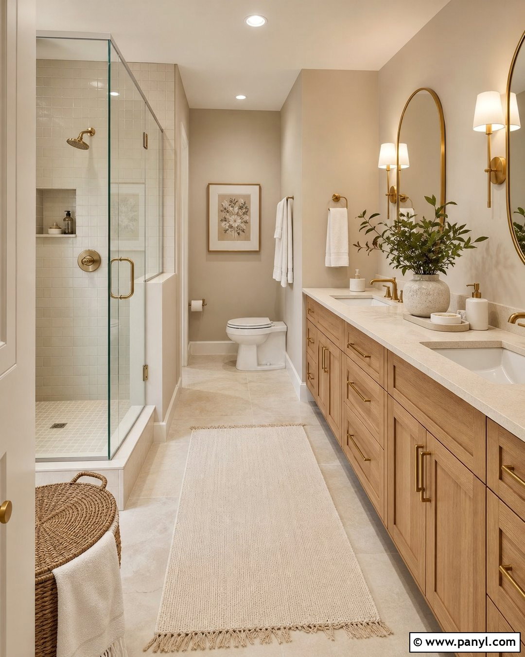 Accessible Beige Bathroom With Wood Vanity - 35 Accessible Beige Walls