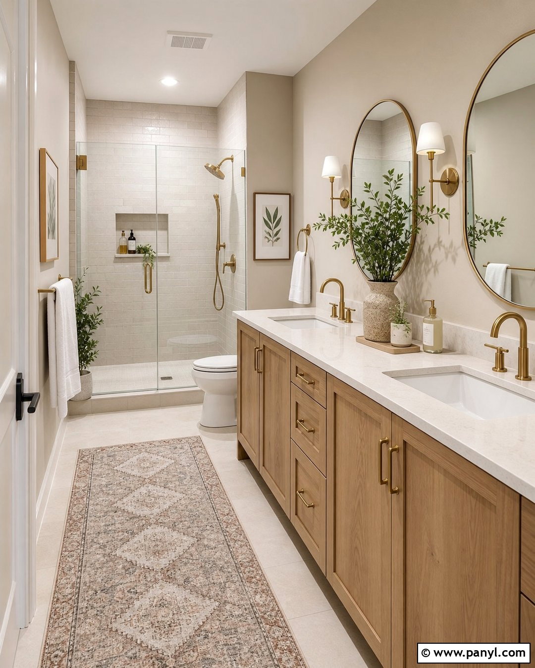 Accessible Beige Bathroom With Wood Vanity - 30 Sherwin Williams Accessible Beige Walls