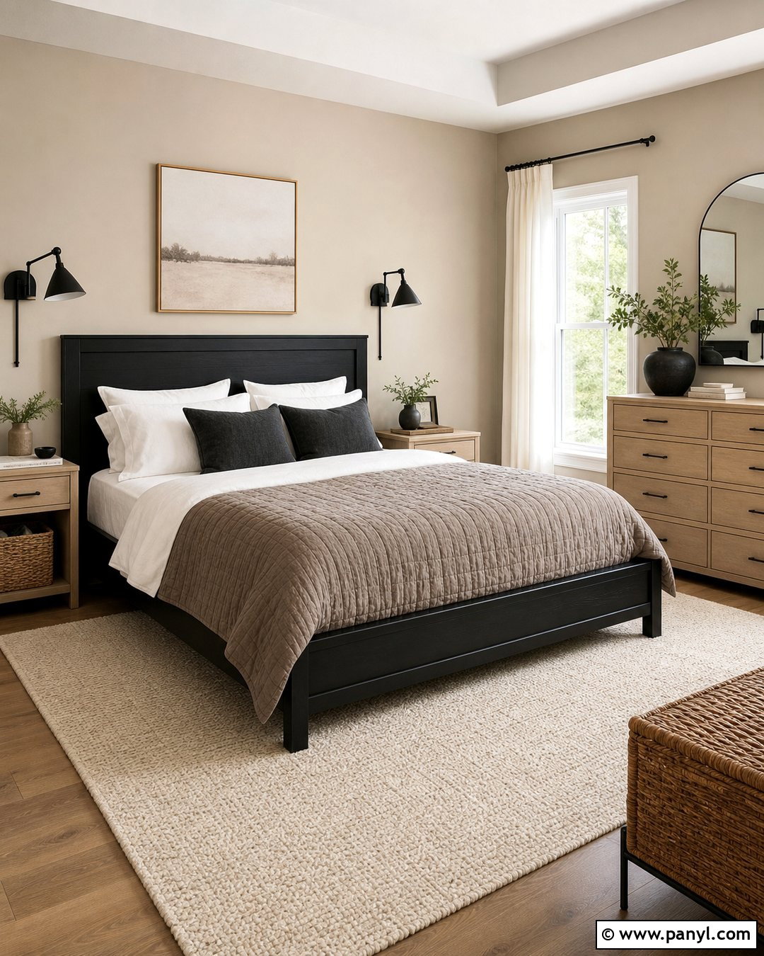 Accessible Beige Bedroom With Black Bed - 35 Accessible Beige Walls