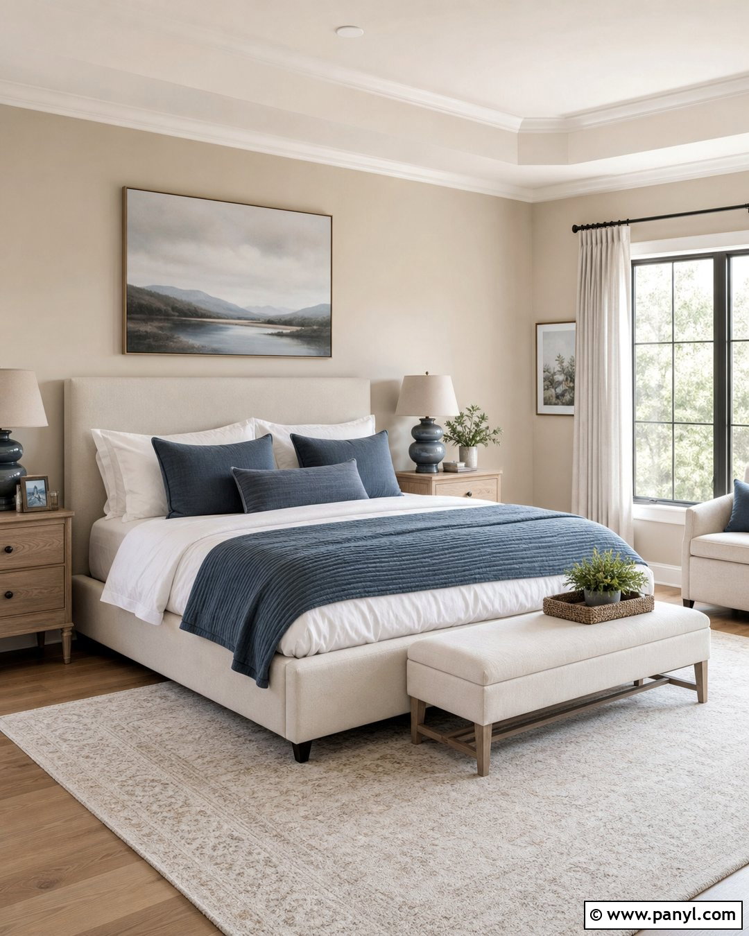 Accessible Beige Bedroom With Blue Accents - 30 Sherwin Williams Accessible Beige Walls