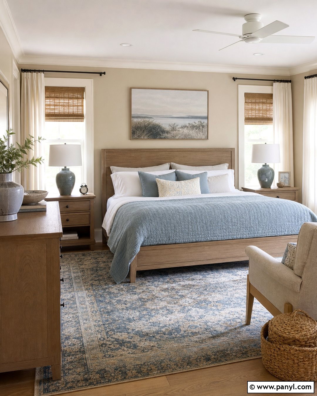 Accessible Beige Bedroom With Blue Bedding - 35 Accessible Beige Walls