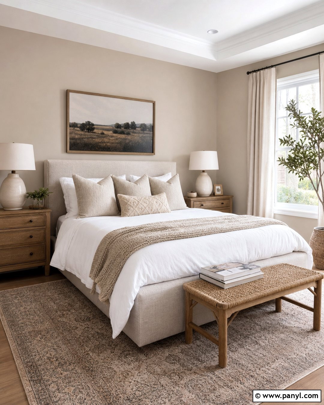 Accessible Beige Bedroom With White Bedding - 30 Sherwin Williams Accessible Beige Walls