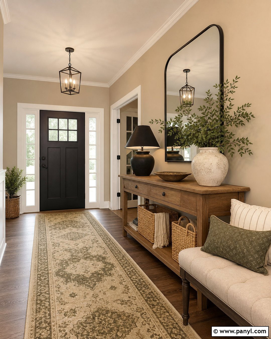 Accessible Beige Entryway With Wood Console - 30 Sherwin Williams Accessible Beige Walls