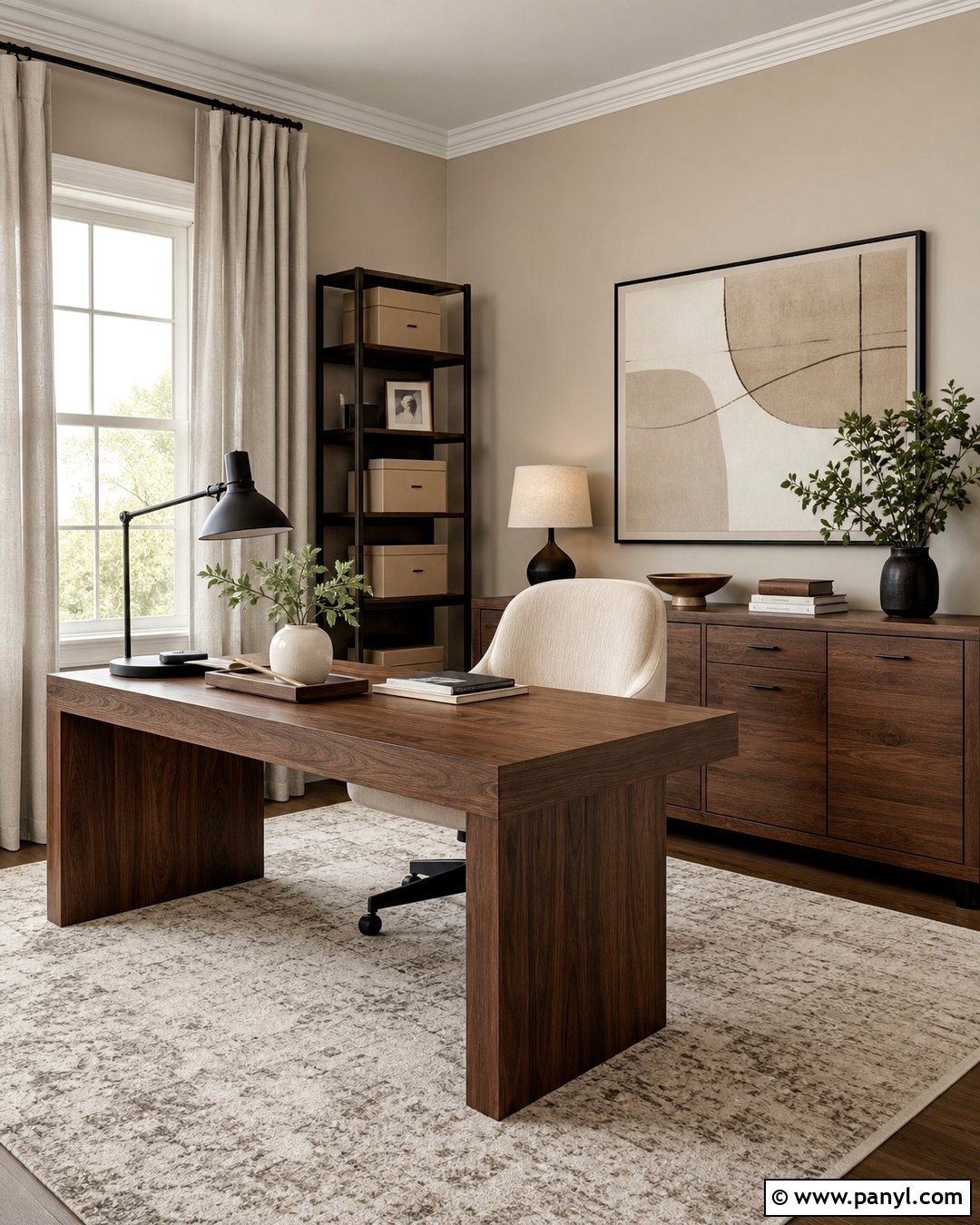Accessible Beige Home Office With Wood Desk - 35 Accessible Beige Walls