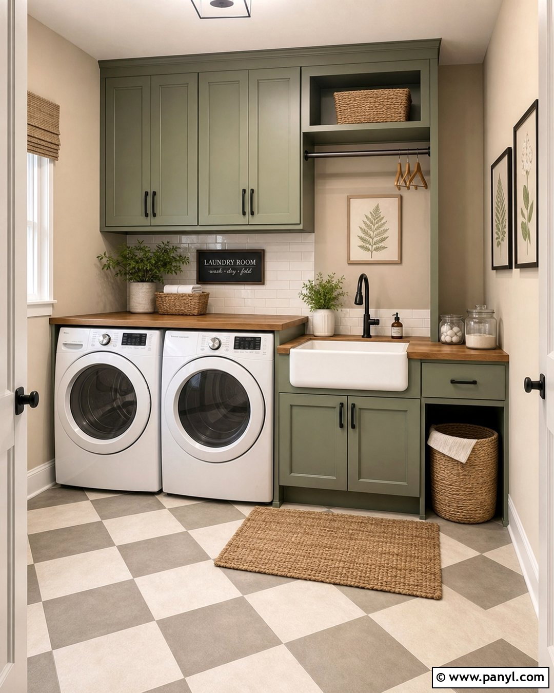 Accessible Beige Laundry Room With Green Cabinets - 35 Accessible Beige Walls