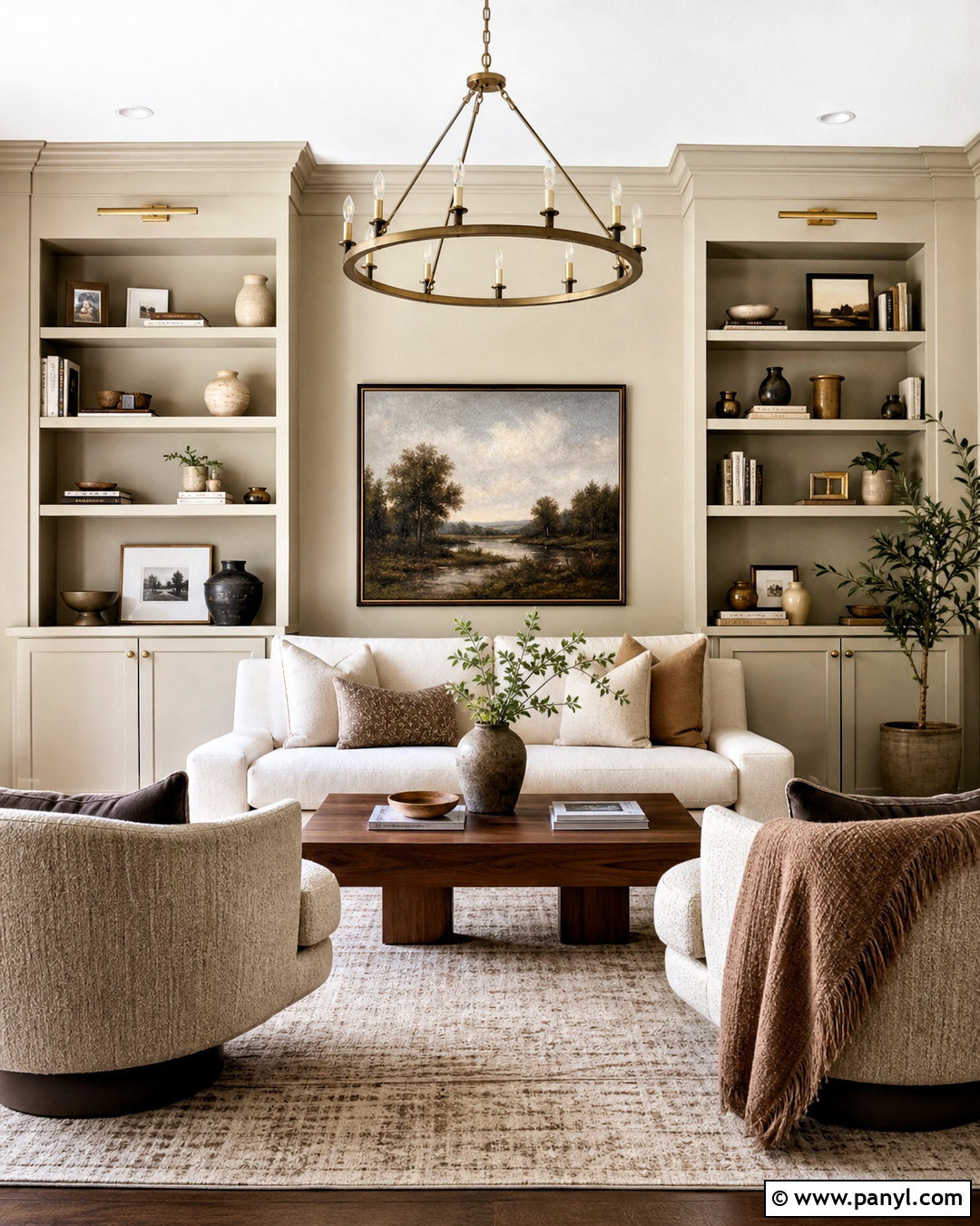 Accessible Beige Living Room With Built-In Shelves - 20 accessible beige living room ideas