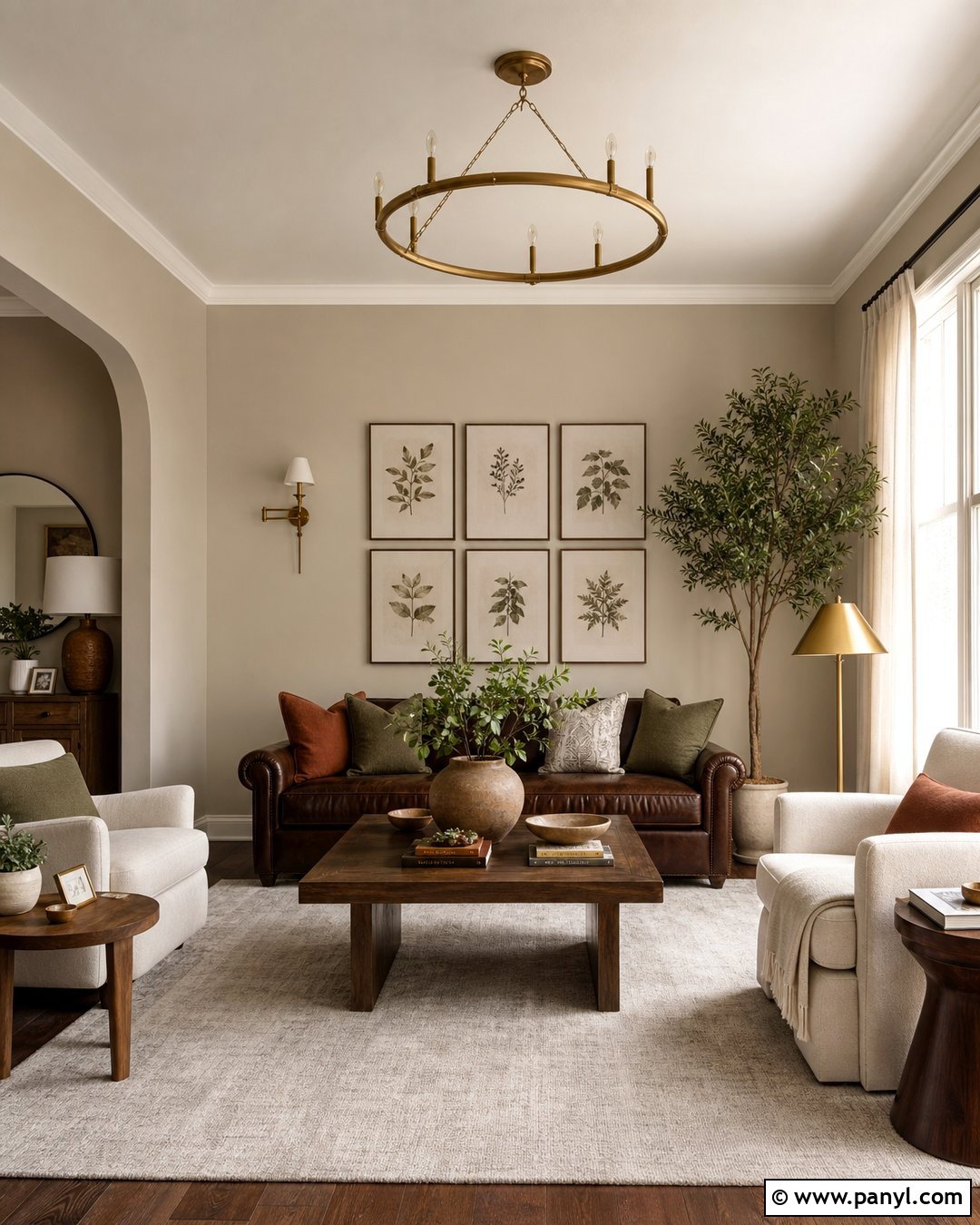 Accessible Beige Living Room With Dark Brown Sofa - 30 Sherwin Williams Accessible Beige Walls