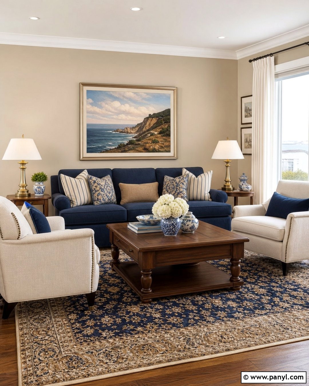 Accessible Beige Living Room With Navy Blue - 35 Accessible Beige Walls