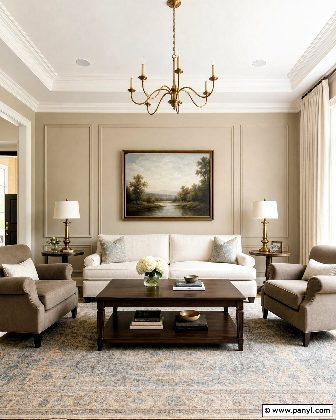Accessible Beige Living Room With Picture Frame Molding - 20 accessible beige living room ideas