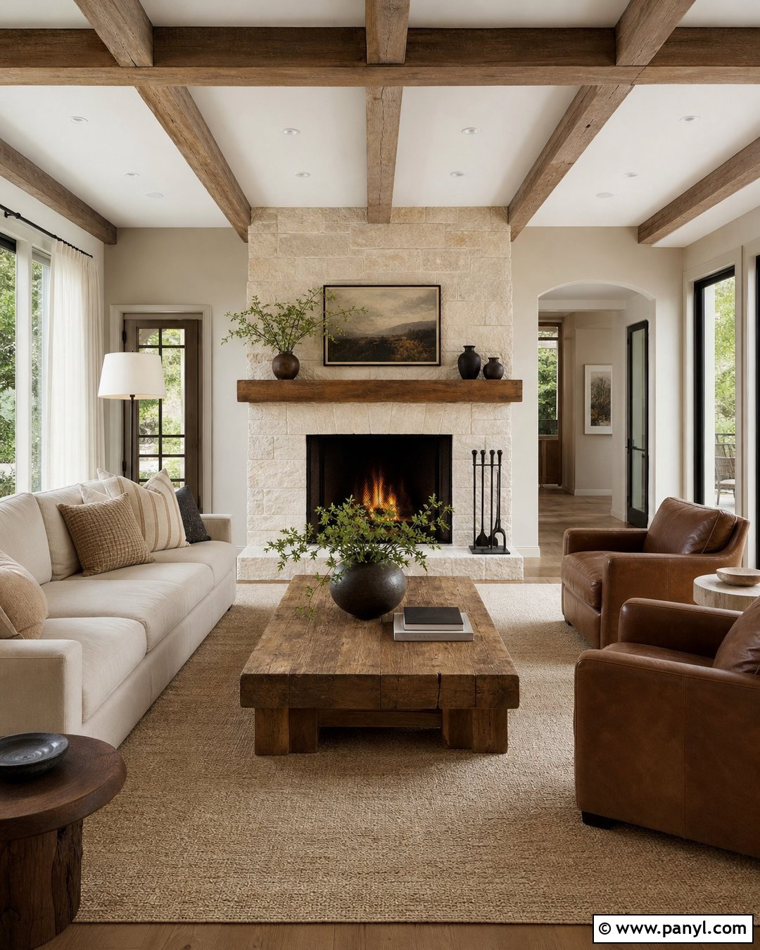 Accessible Beige Living Room With Stone Fireplace - 35 Accessible Beige Walls