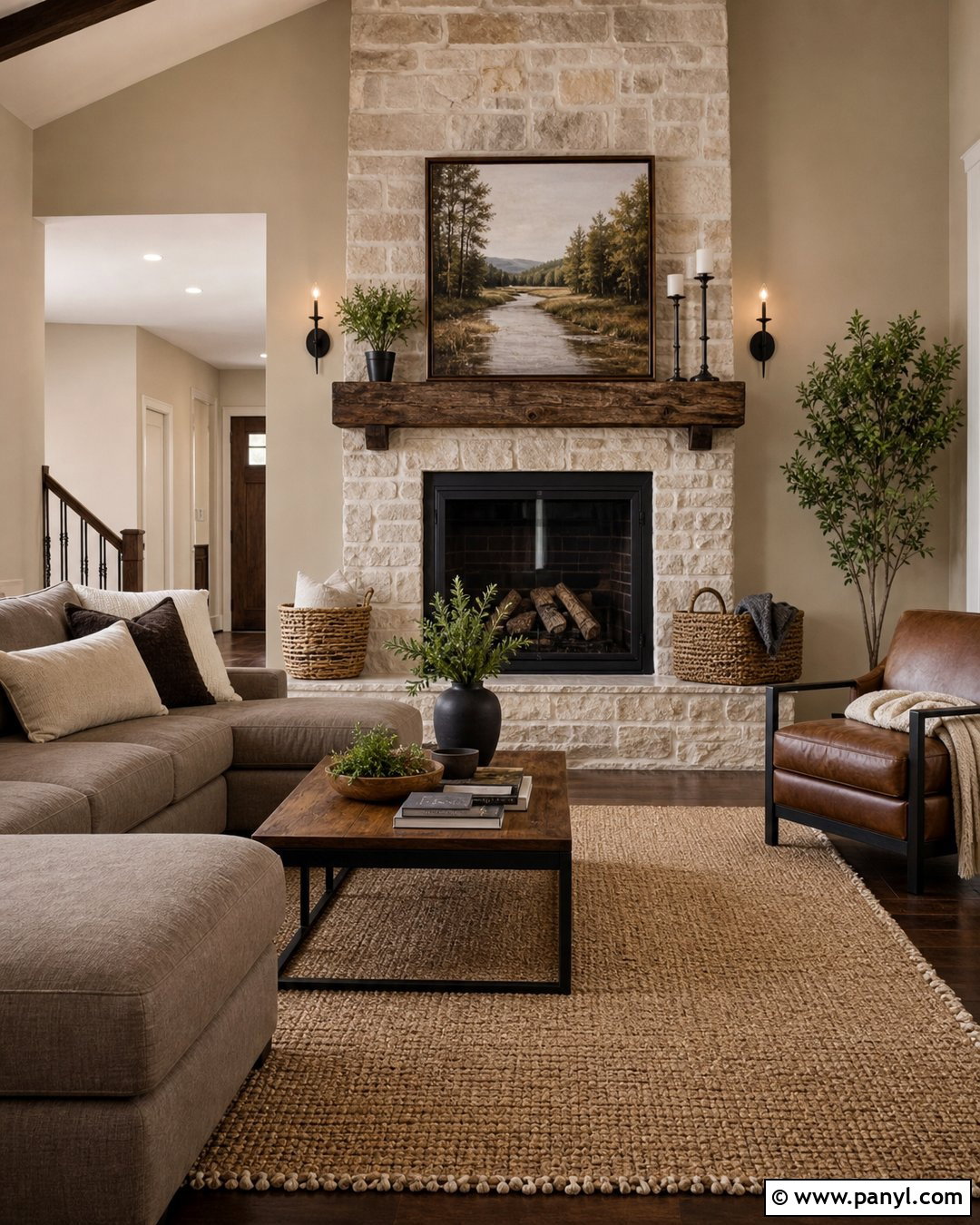 Accessible Beige Living Room With Stone Fireplace - 30 Sherwin Williams Accessible Beige Walls