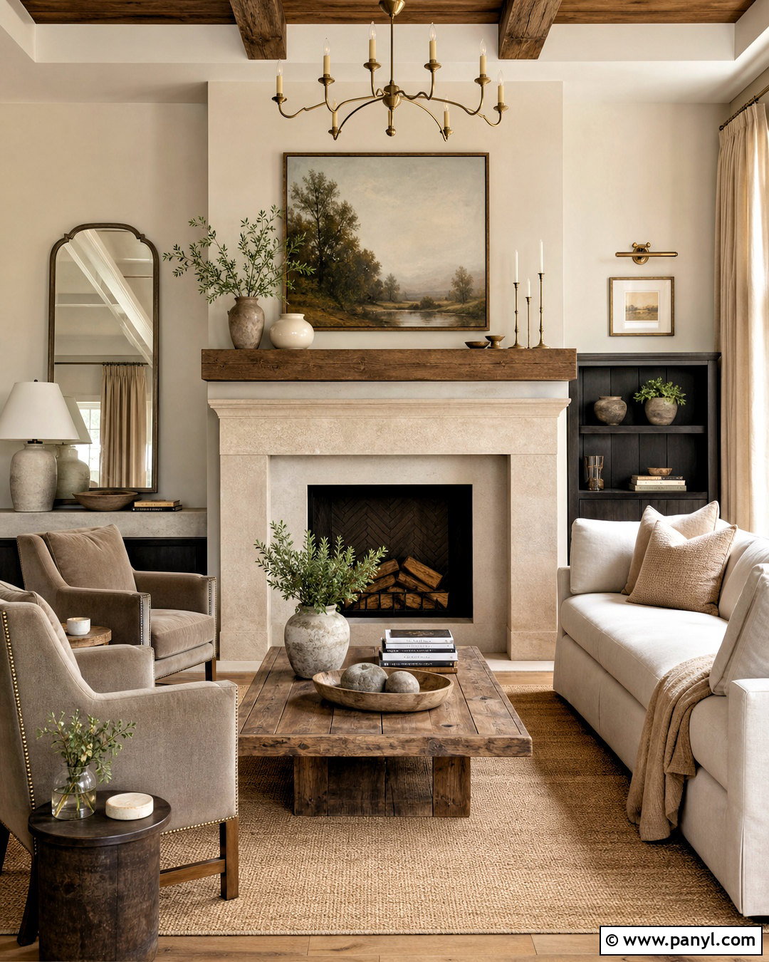 Accessible Beige Living Room With a Stone Fireplace - 20 accessible beige living room ideas