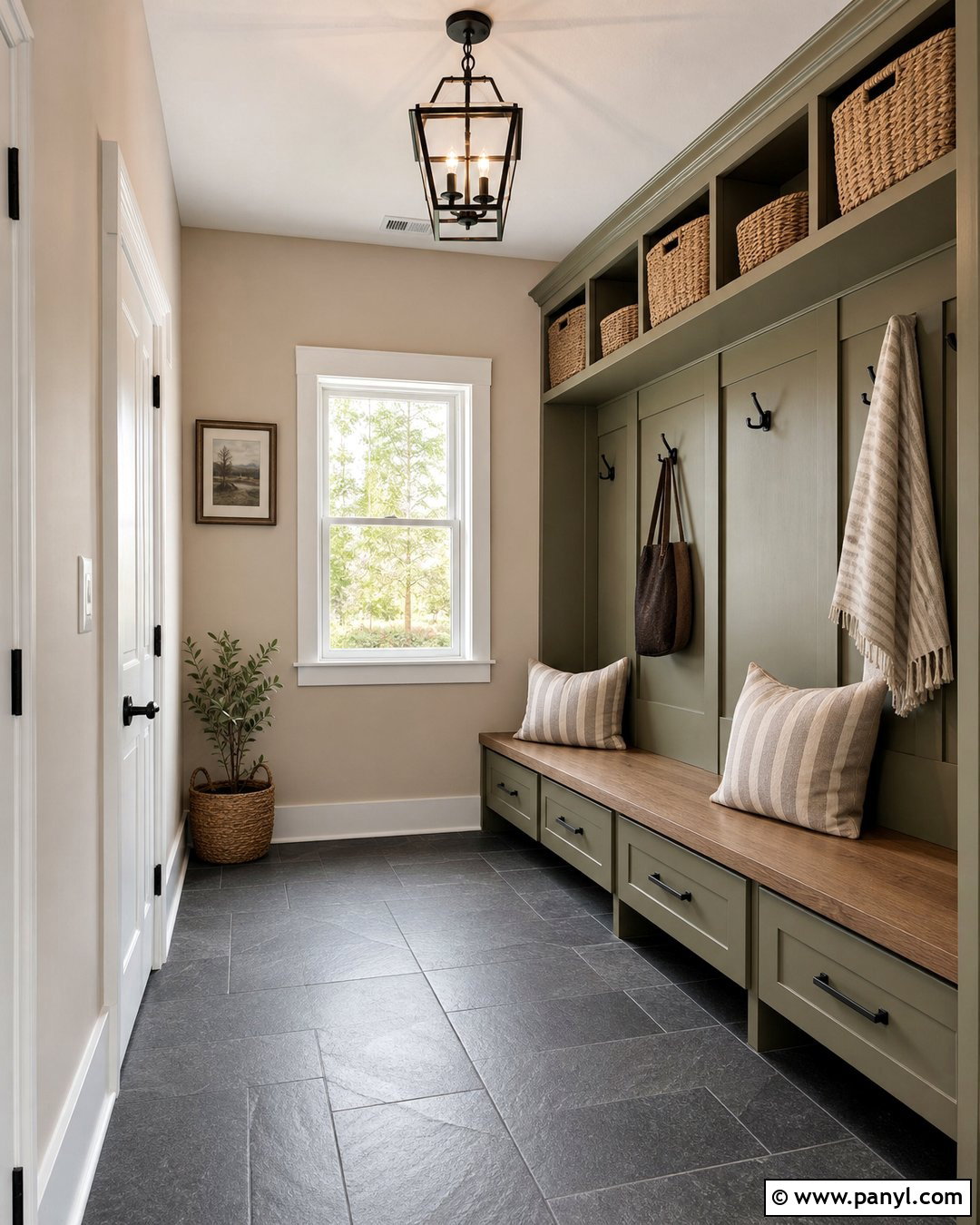 Accessible Beige Mudroom With Green Built-Ins - 30 Sherwin Williams Accessible Beige Walls