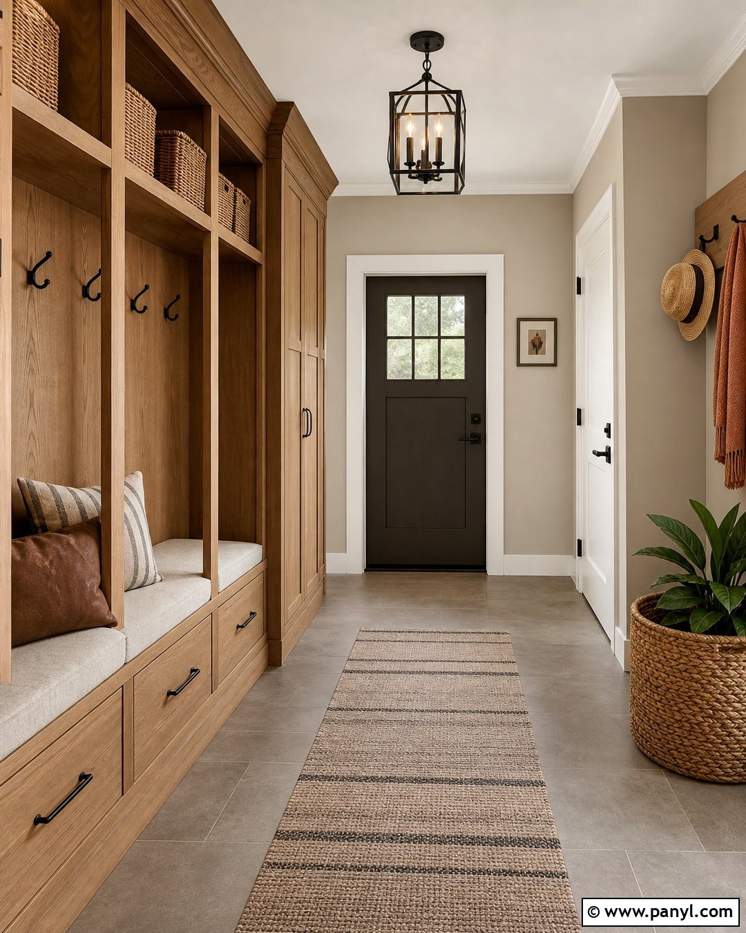 Accessible Beige Mudroom With Oak Storage - 35 Accessible Beige Walls
