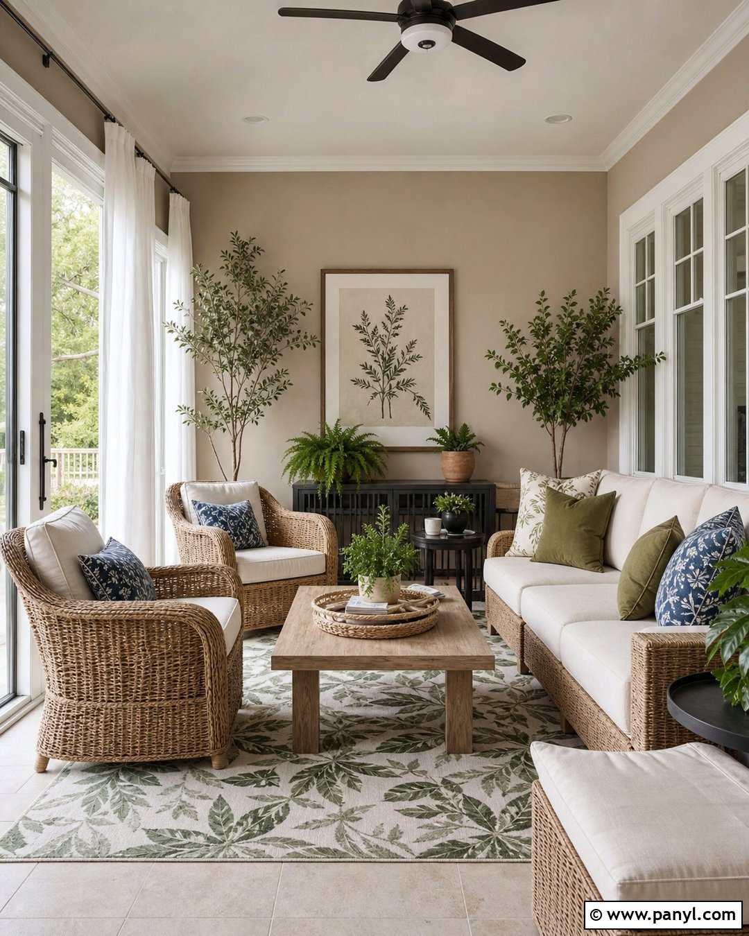 Accessible Beige Sunroom With Wicker Furniture - 30 Sherwin Williams Accessible Beige Walls