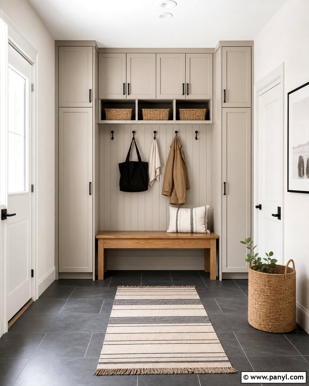Aesthetic White Mudroom With Taupe Cabinets - 25 Sherwin Williams Aesthetic White Walls