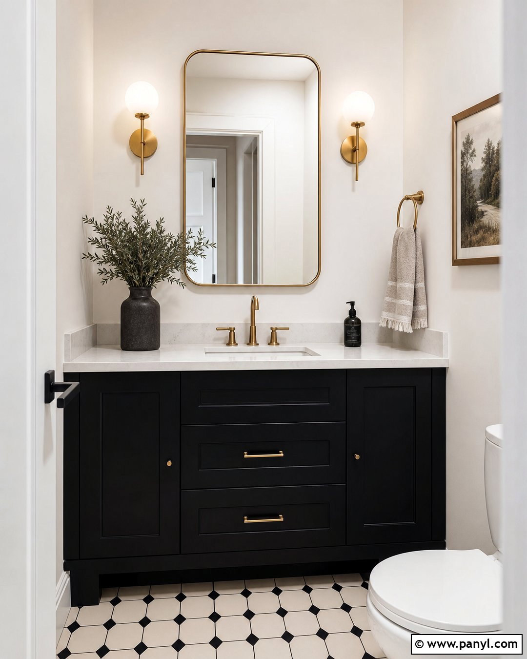Aesthetic White Powder Room With Black Vanity - 25 Sherwin Williams Aesthetic White Walls