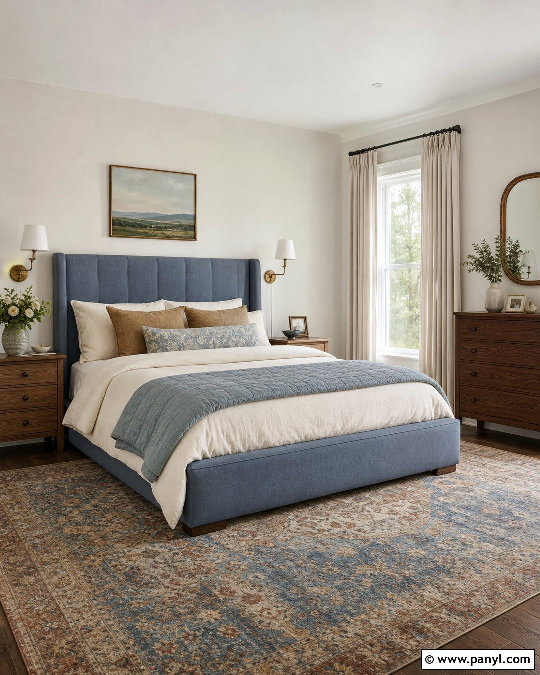 Alabaster Walls With A Blue Upholstered Bed - 25 Sherman Williams Alabaster Walls