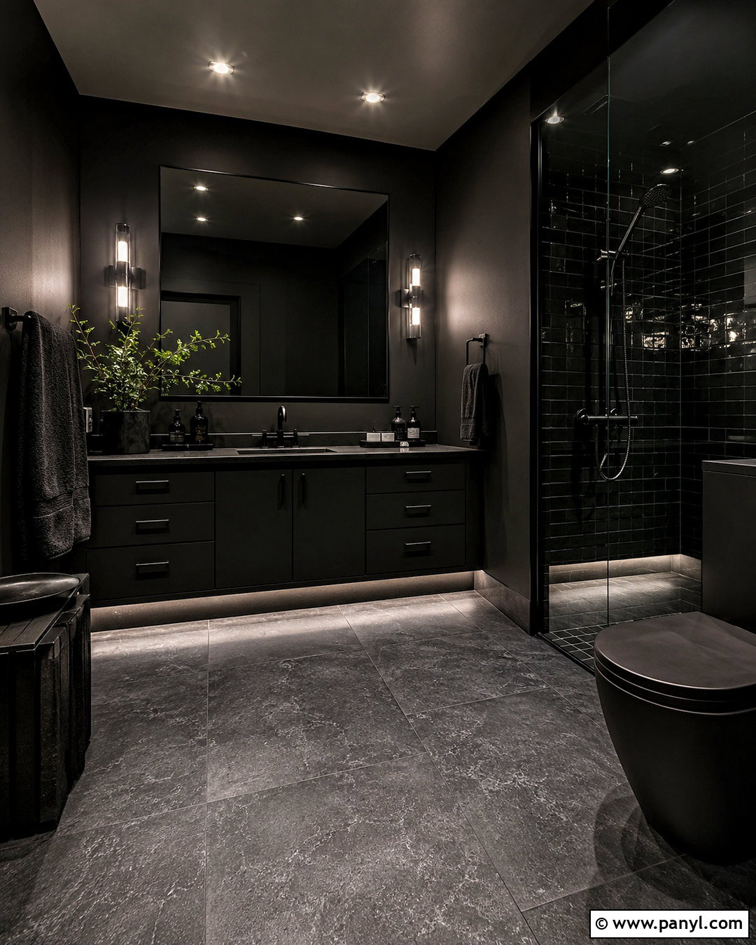 All Black Bathroom With Layered Lighting - 20 black bathroom aesthetic ideas