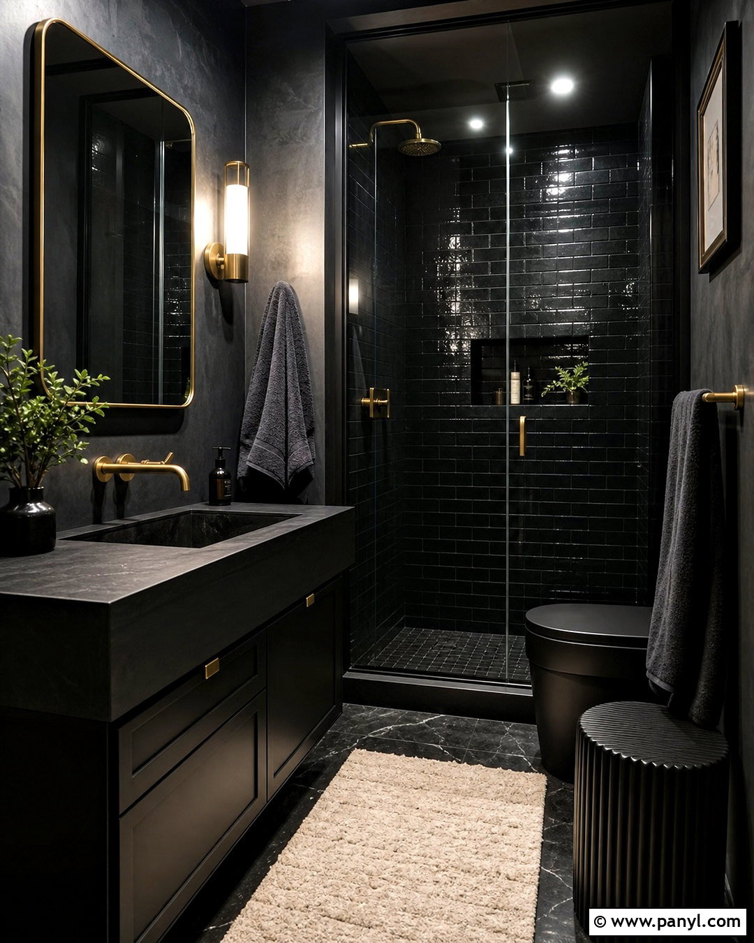 All-Black Bathroom With Layered Texture - 20 small black bathroom ideas
