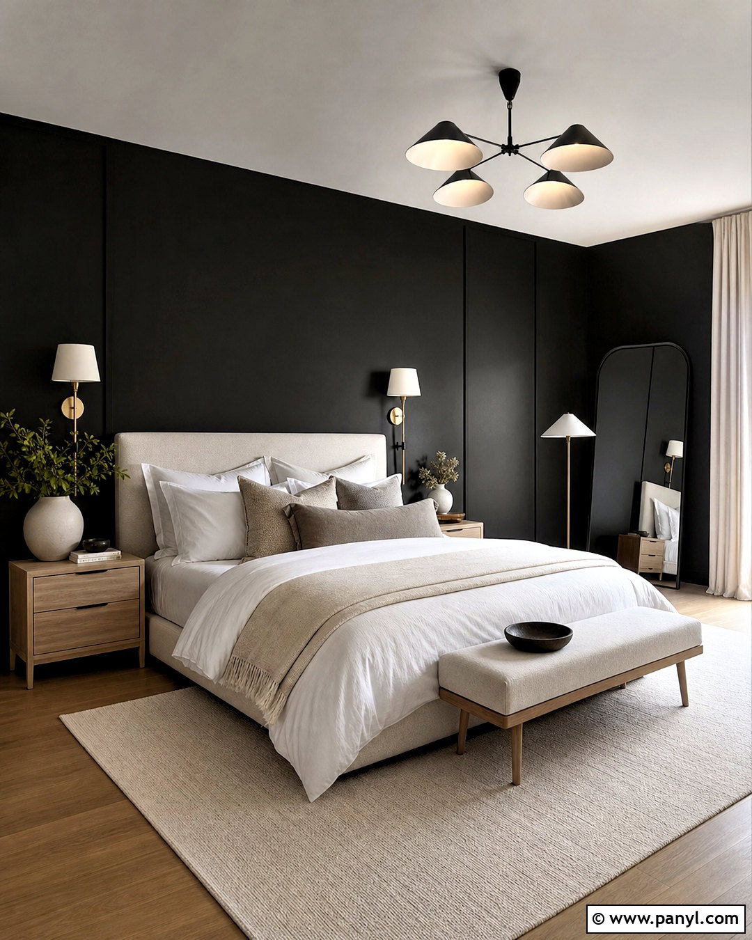 All Black Bedroom With Layered Lighting - 20 black wall bedroom decor ideas