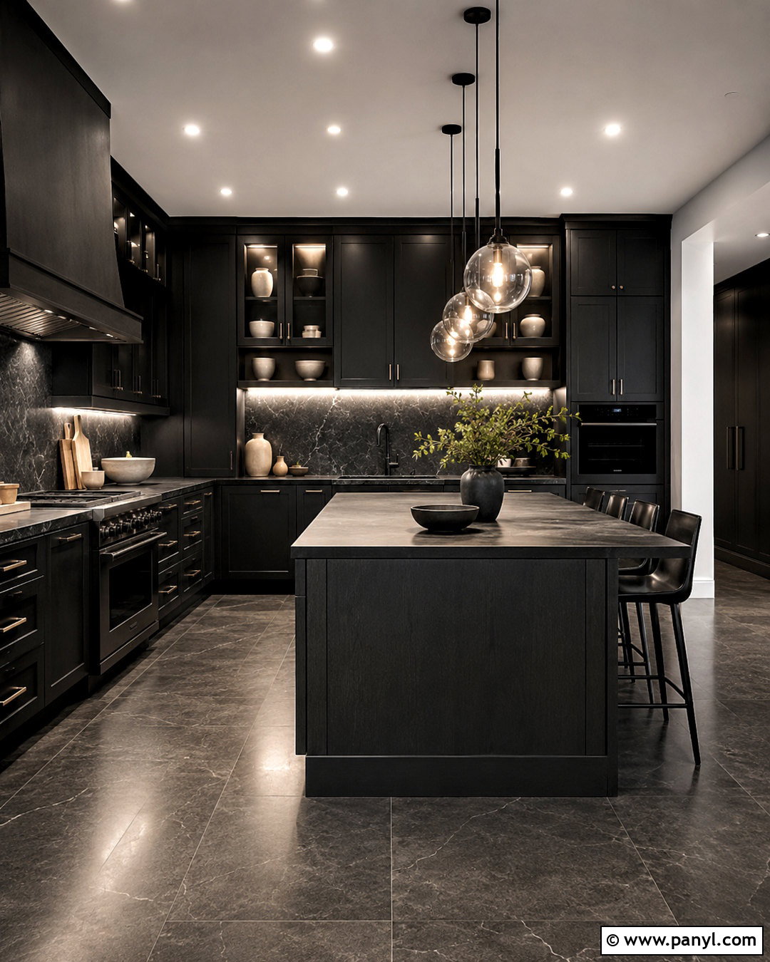 All-Black Kitchen With Layered Lighting - 20 black kitchen inspiration ideas