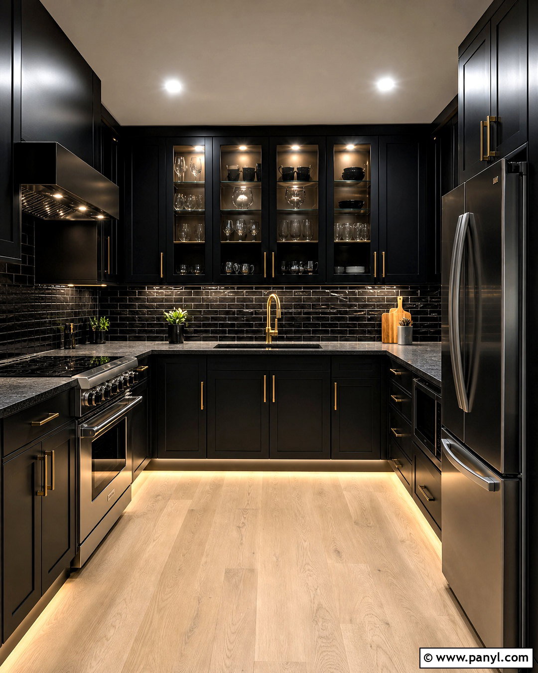 All-Black Kitchen With Layered Lighting - 20 small black kitchen ideas