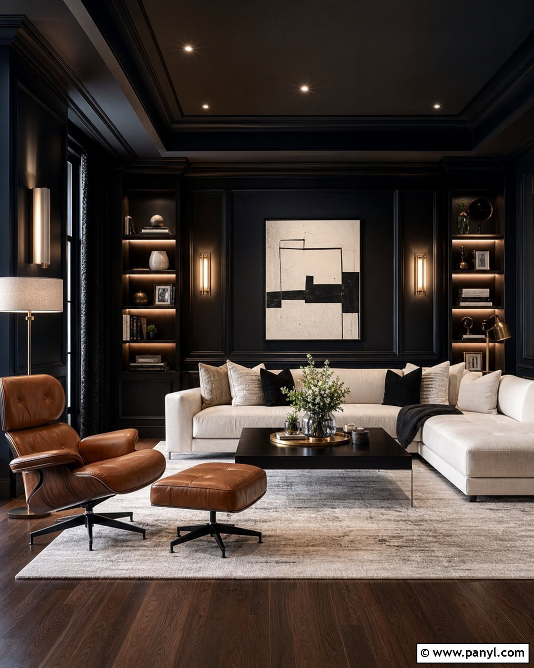 All Black Room With Layered Lighting - 30 Black Wall Interior Ideas