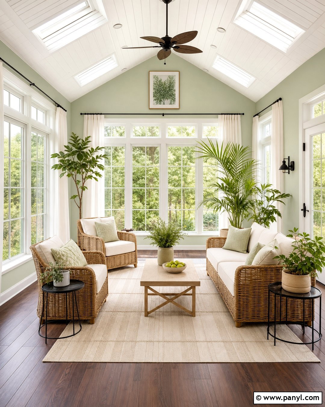 Aloe Green Sunroom With Dark Brown Floors - 20 Light Green Walls Dark Floors