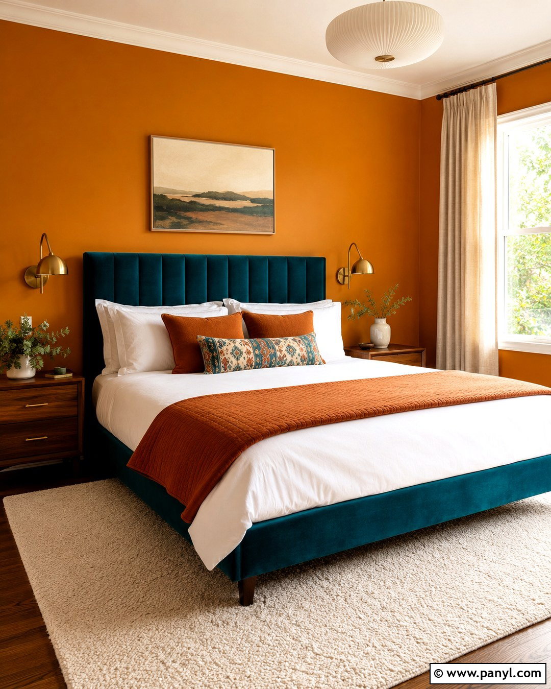 Amber Wall Bedroom With Teal Headboard - 20 Amber Wall Paint Ideas