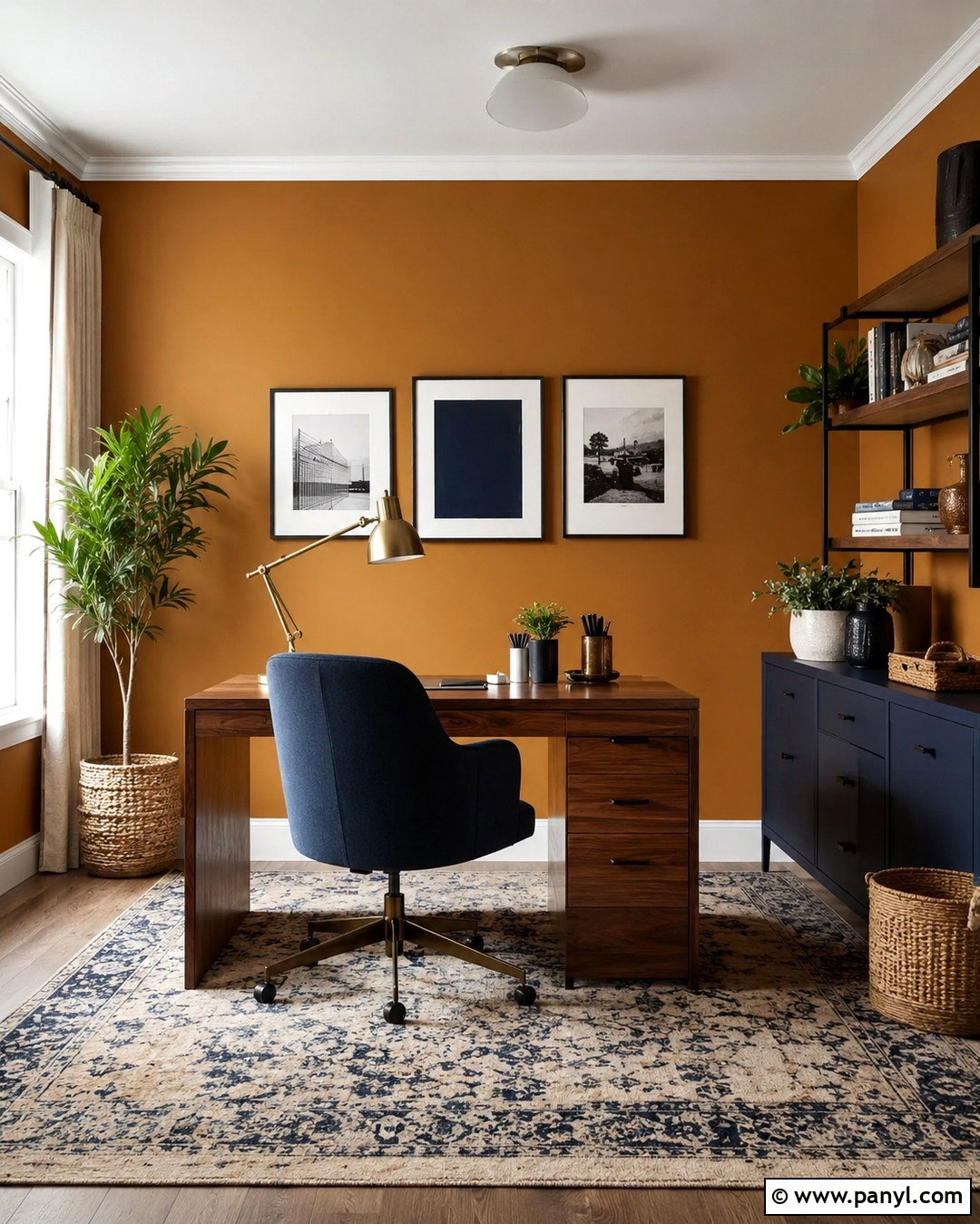Amber Wall Home Office With Navy Accents - 20 Amber Wall Paint Ideas