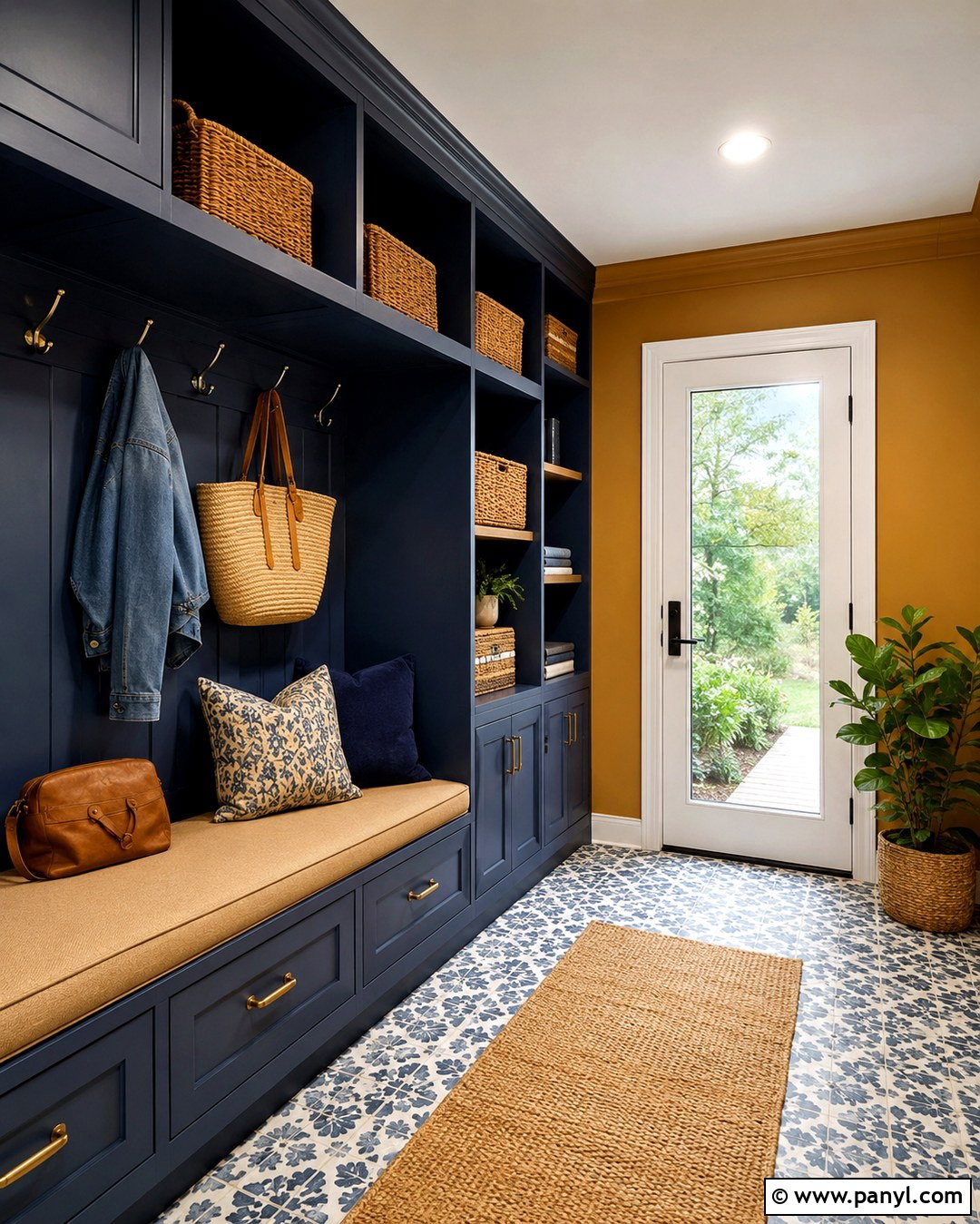 Amber Wall Mudroom With Blue Storage - 20 Amber Wall Paint Ideas