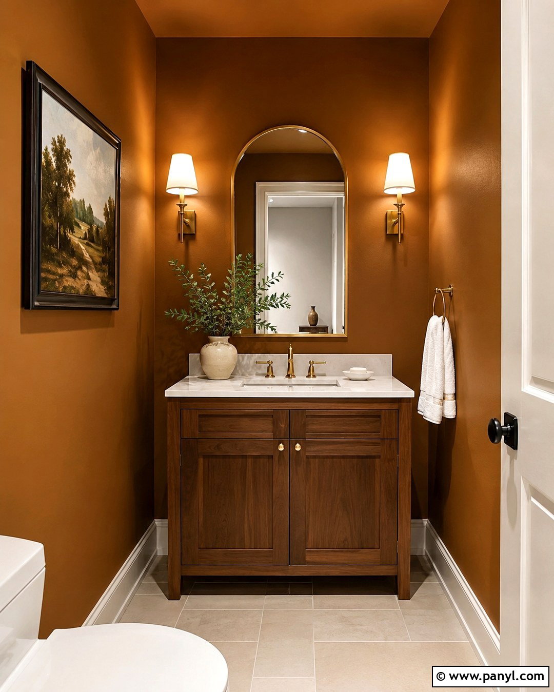 Amber Wall Powder Room With Brass Fixtures - 20 Amber Wall Paint Ideas